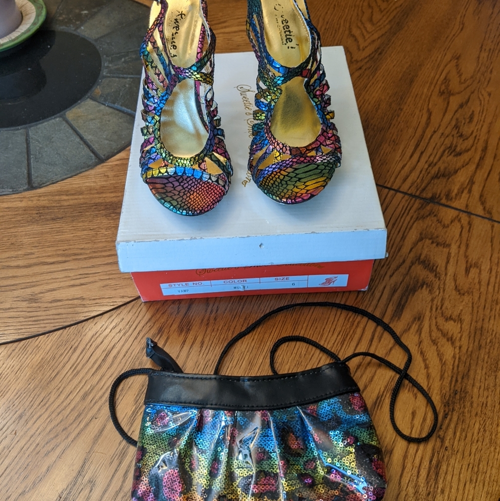 Rainbow color 4" high heels with matching purse